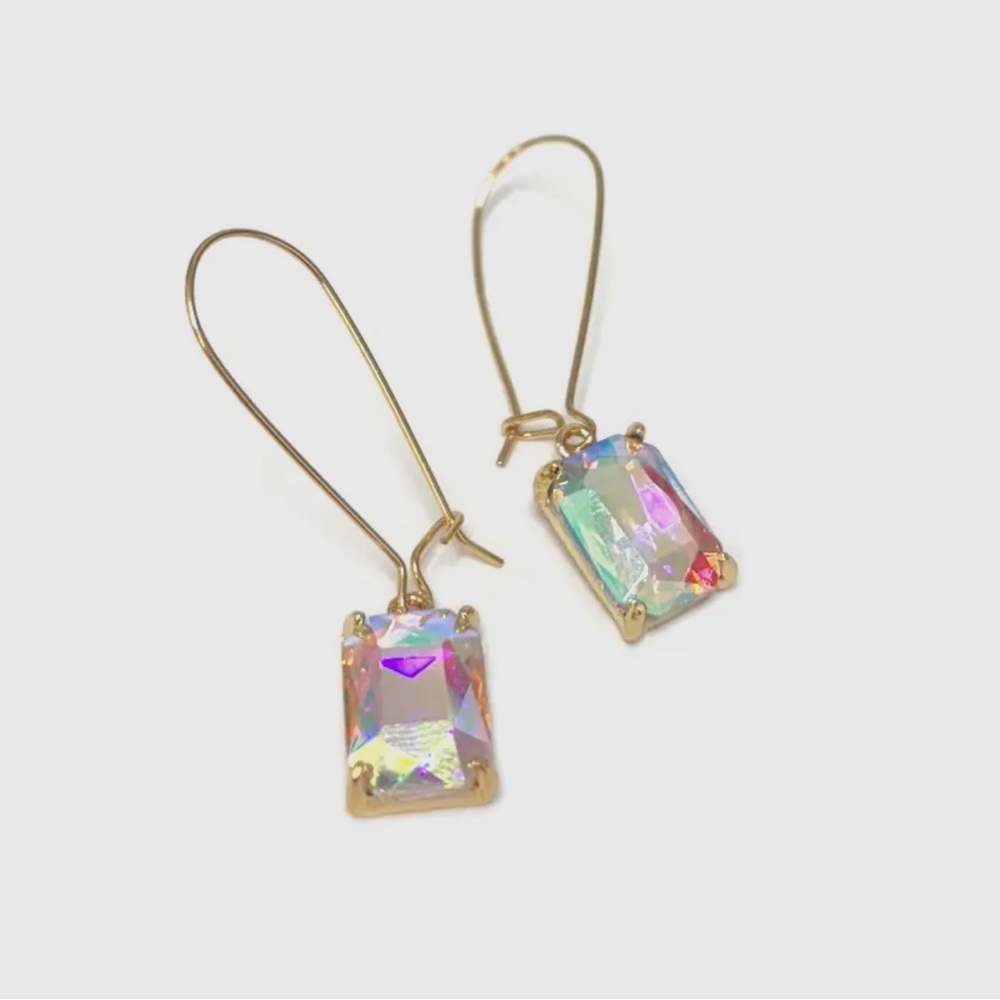 Gold and Iridescent Stone Drop Earrings